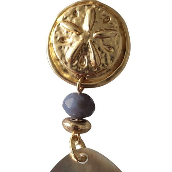 Chico’s Abalone Sand Dollar 2" Drop Pierced Earrings Coastal Beach BOHO Dangle - Picture 8 of 13